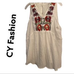 CY Fashion sleeveless Boho Embroidered Top white sz M